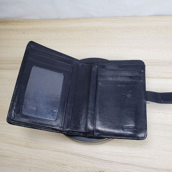 Vintage Coach Black Leather Bifold Wallet Coin Purse With Snap Closure